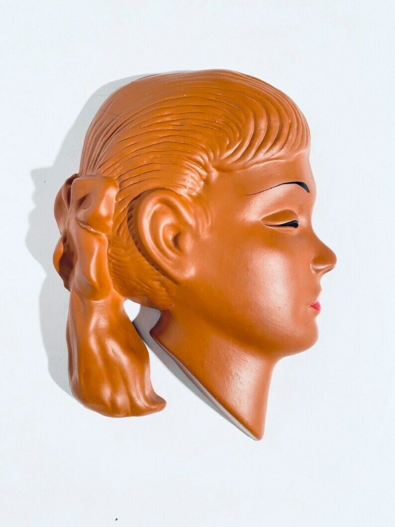 Ceramic Brown Young Girls Head Wall Mask / Mcm 1950s Vintage Wall Decor photo furniture
