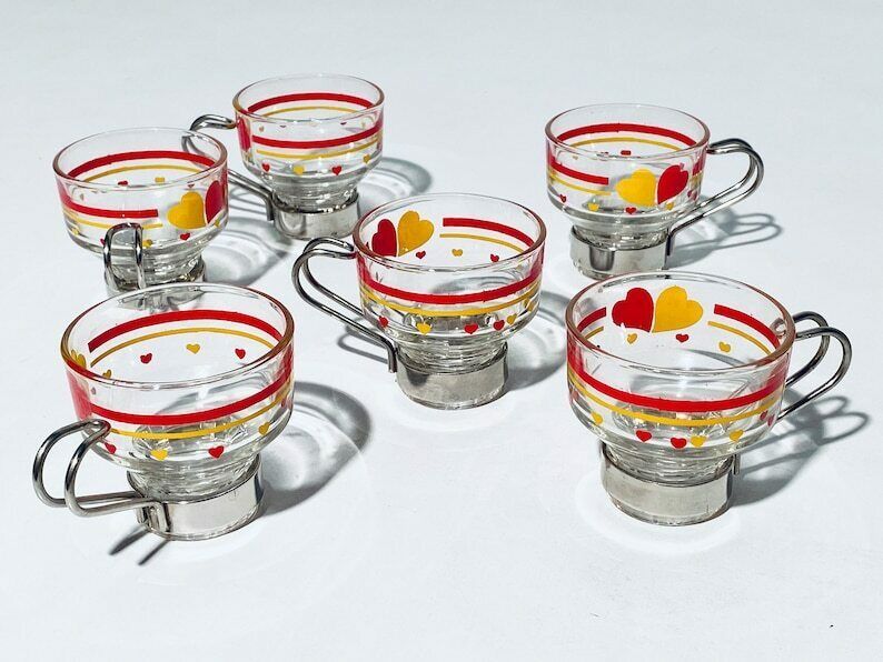 Six Small Space Age Tea Glass Set With Metal Frames / Vintage Decor 60s 70s