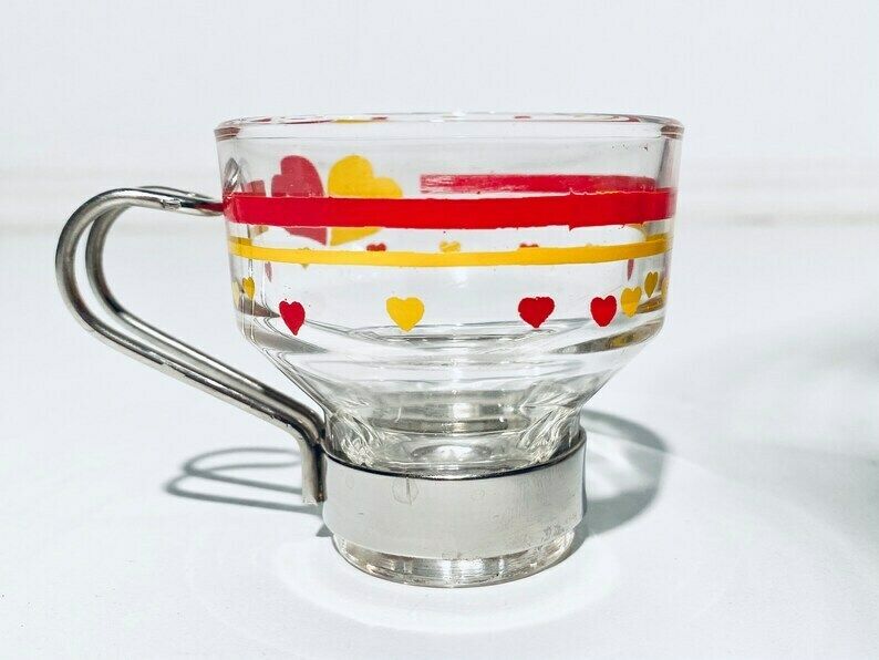 Six Small Space Age Tea Glass Set With Metal Frames / Vintage Decor 60s 70s photo for sale