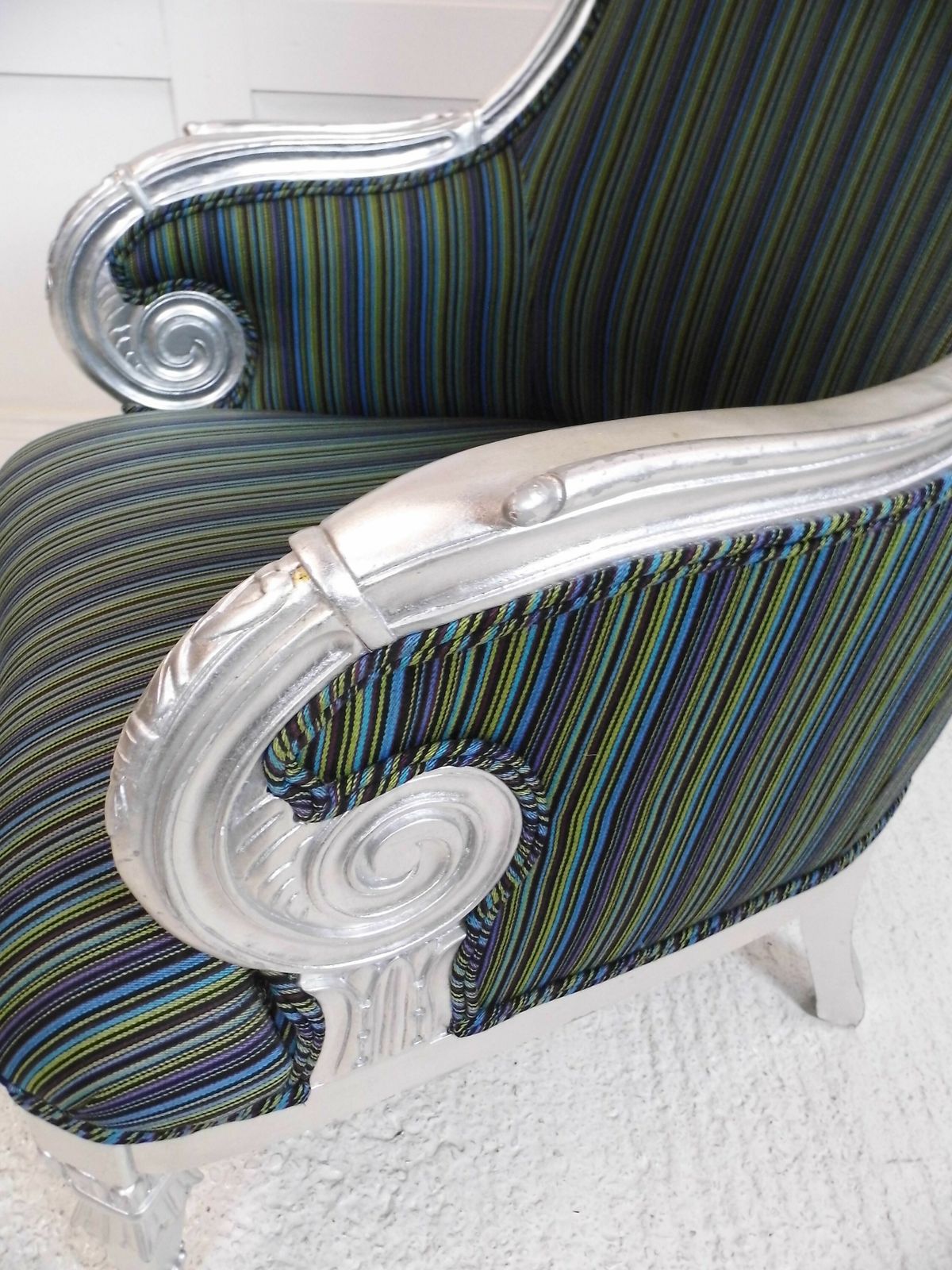 Designer Throne Carved Frame Stylish Statement Armchair Stripe Fabric Wing Back photo 245.0