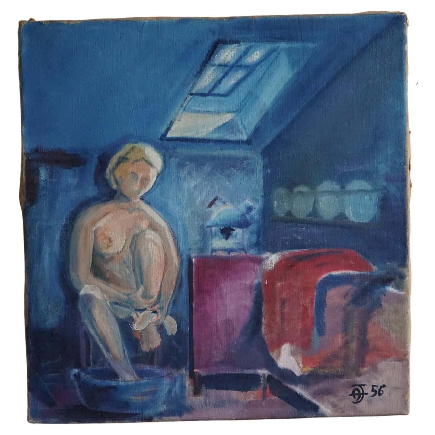Large Oil On Canvas Painting, Unknown Artist, 1956, Danish Mid Century