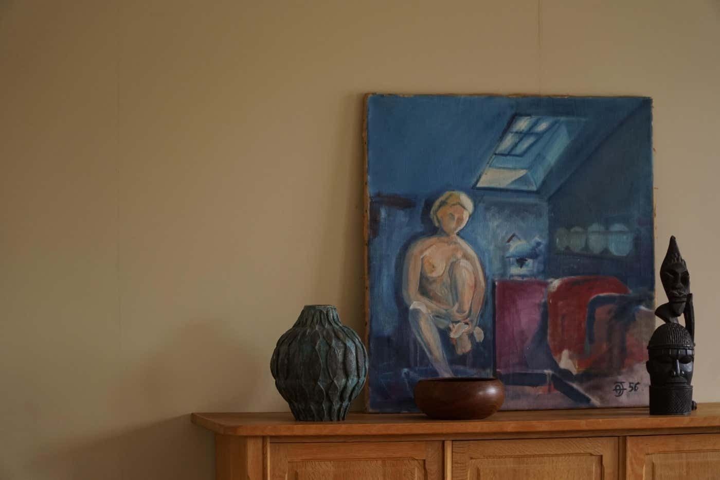 Large Oil On Canvas Painting, Unknown Artist, 1956, Danish Mid Century photo vintage