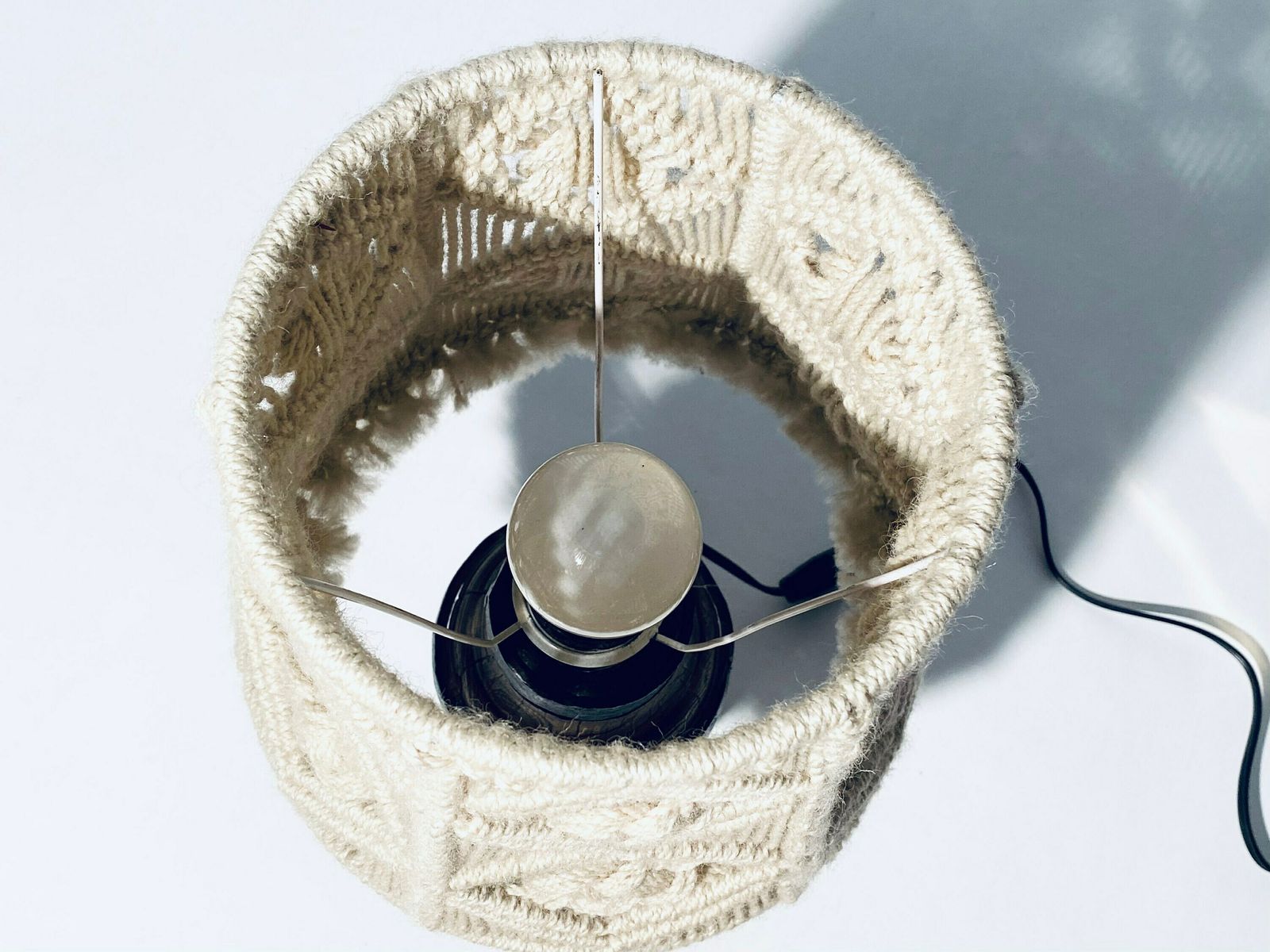 photo for sale Vintage Table Lamp With Creme Knitted Shade & Wooden Base / Mid Century Decor