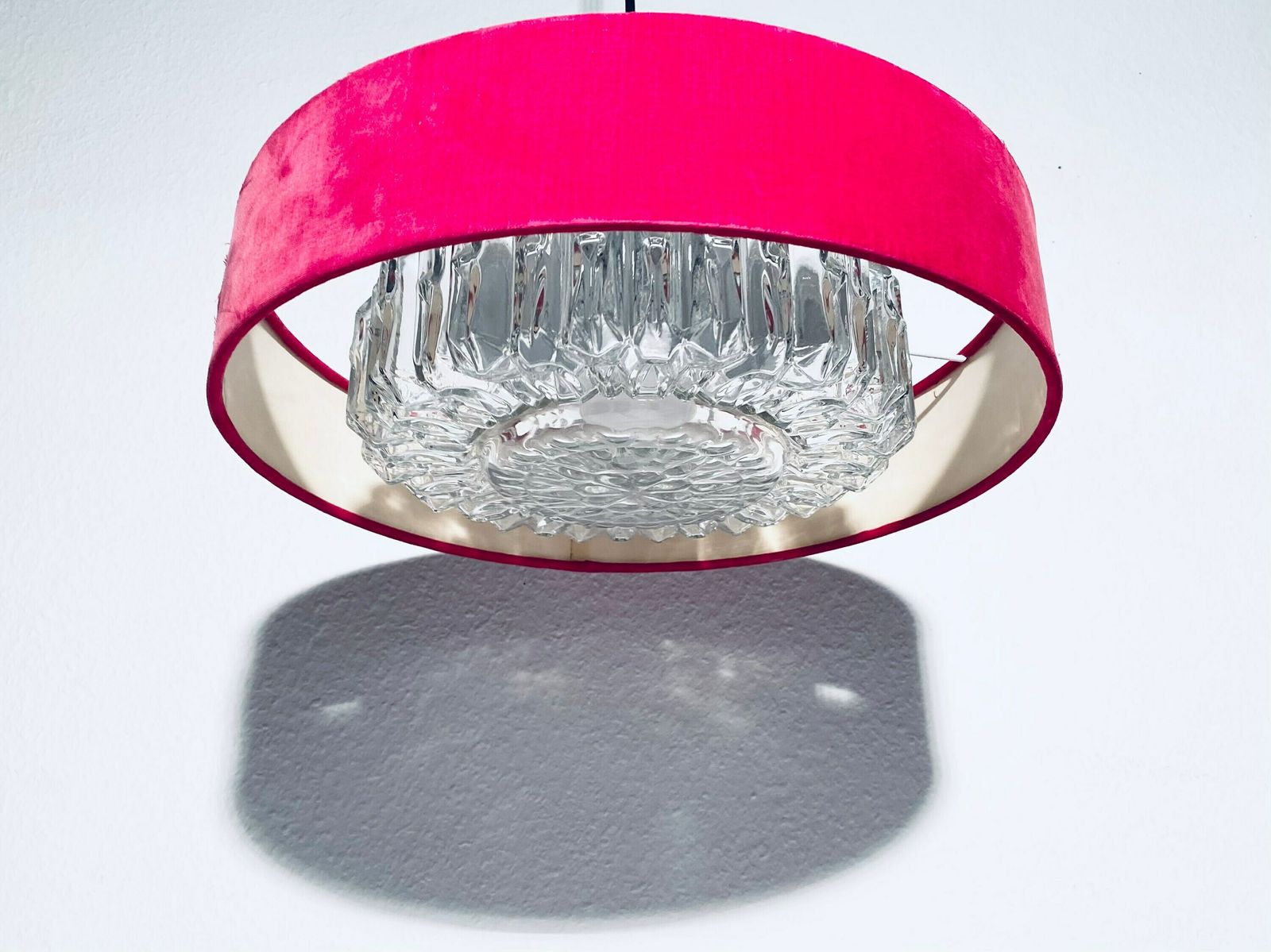 Red Velvet Crystal Glass Hanging Lamp / 60s 70s Vintage Decor / Boudoir Moulin Rouge Lamp