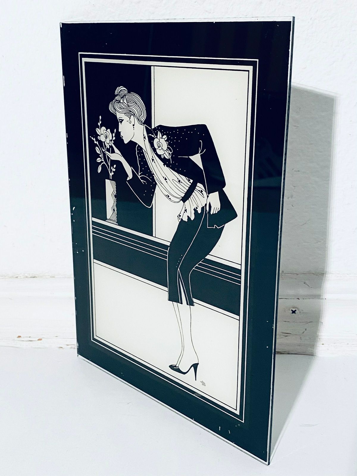 Art Deco Glass Picture Lady With Flowers Motif / 1920s France photo for sale