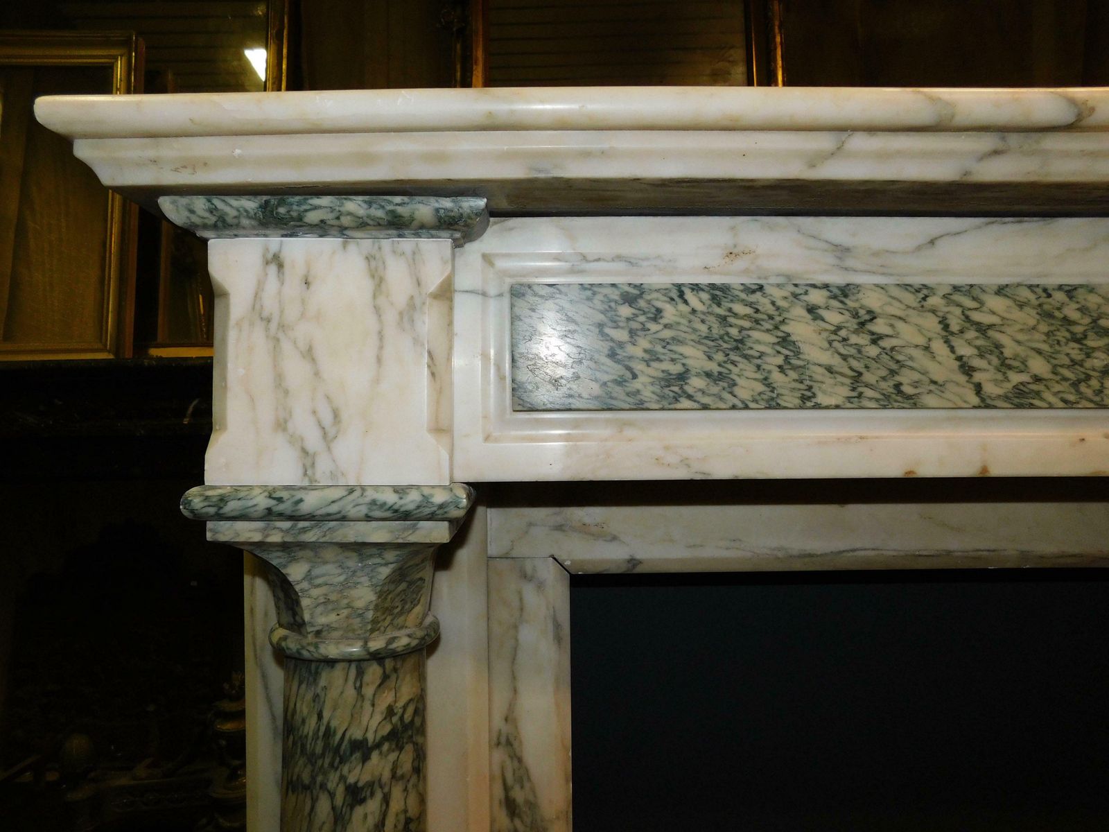 Fireplace Mantle In White And Green Marble, Carved Column, France photo vinterior