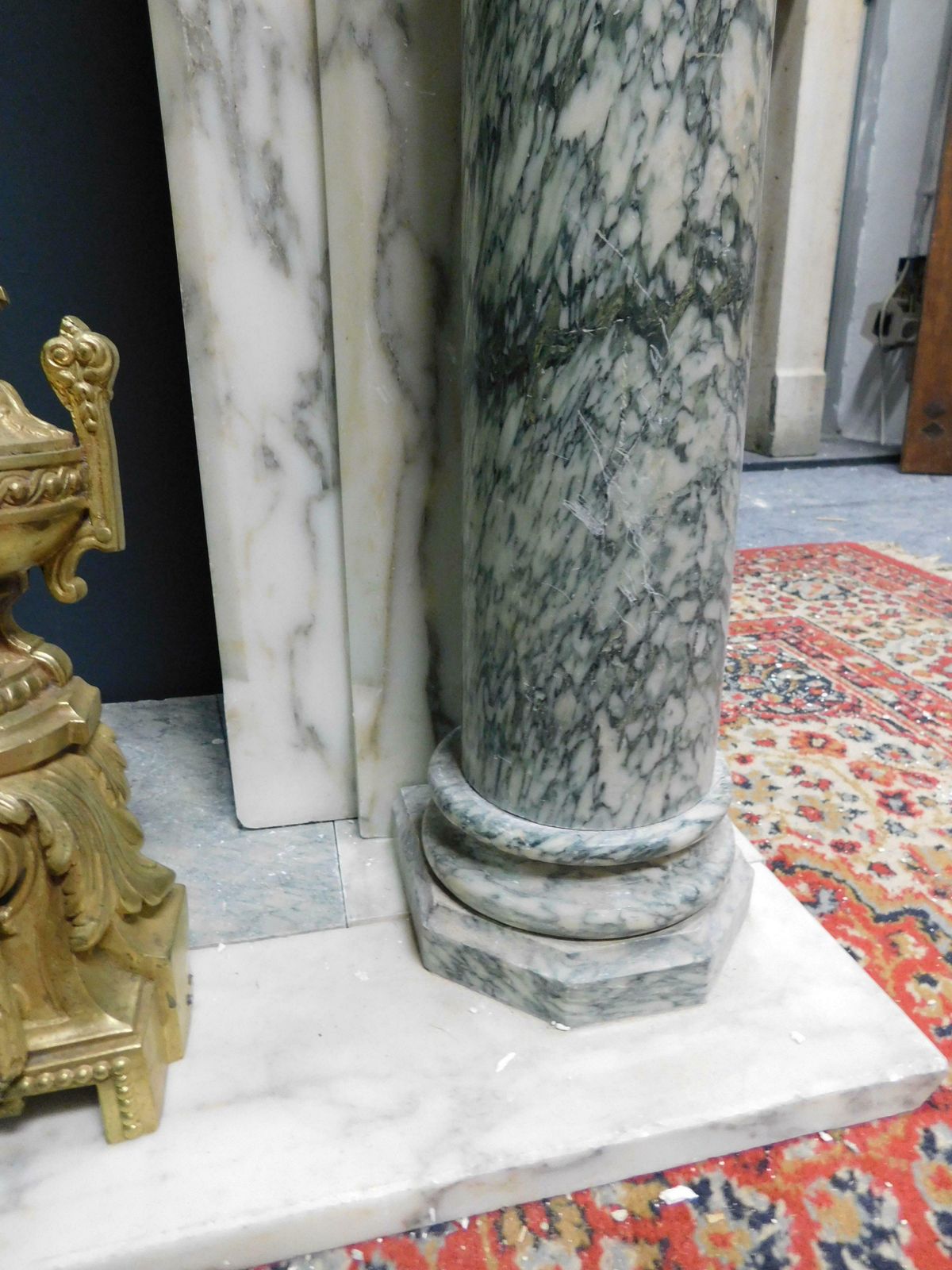 Fireplace Mantle In White And Green Marble, Carved Column, France photo vintage