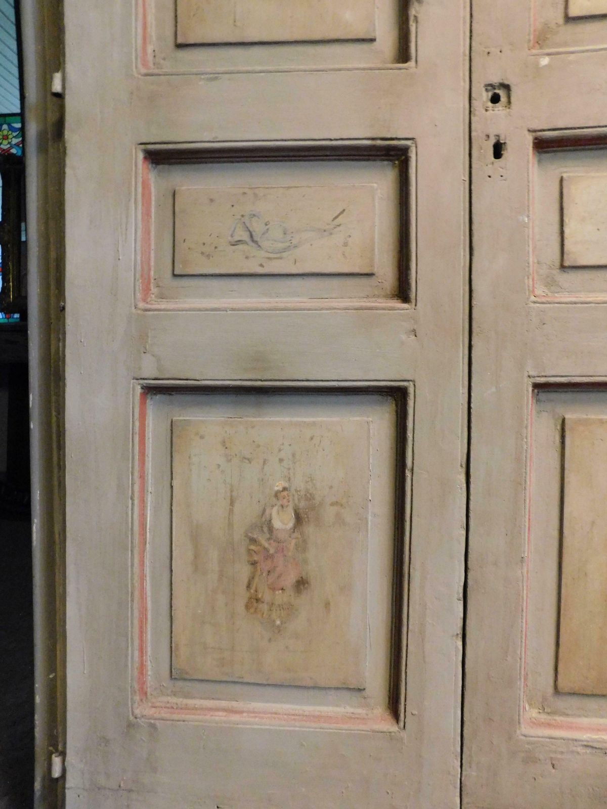 Set Of 2 Lacquered And Painted Double Doors With Figures, Italy photo buy
