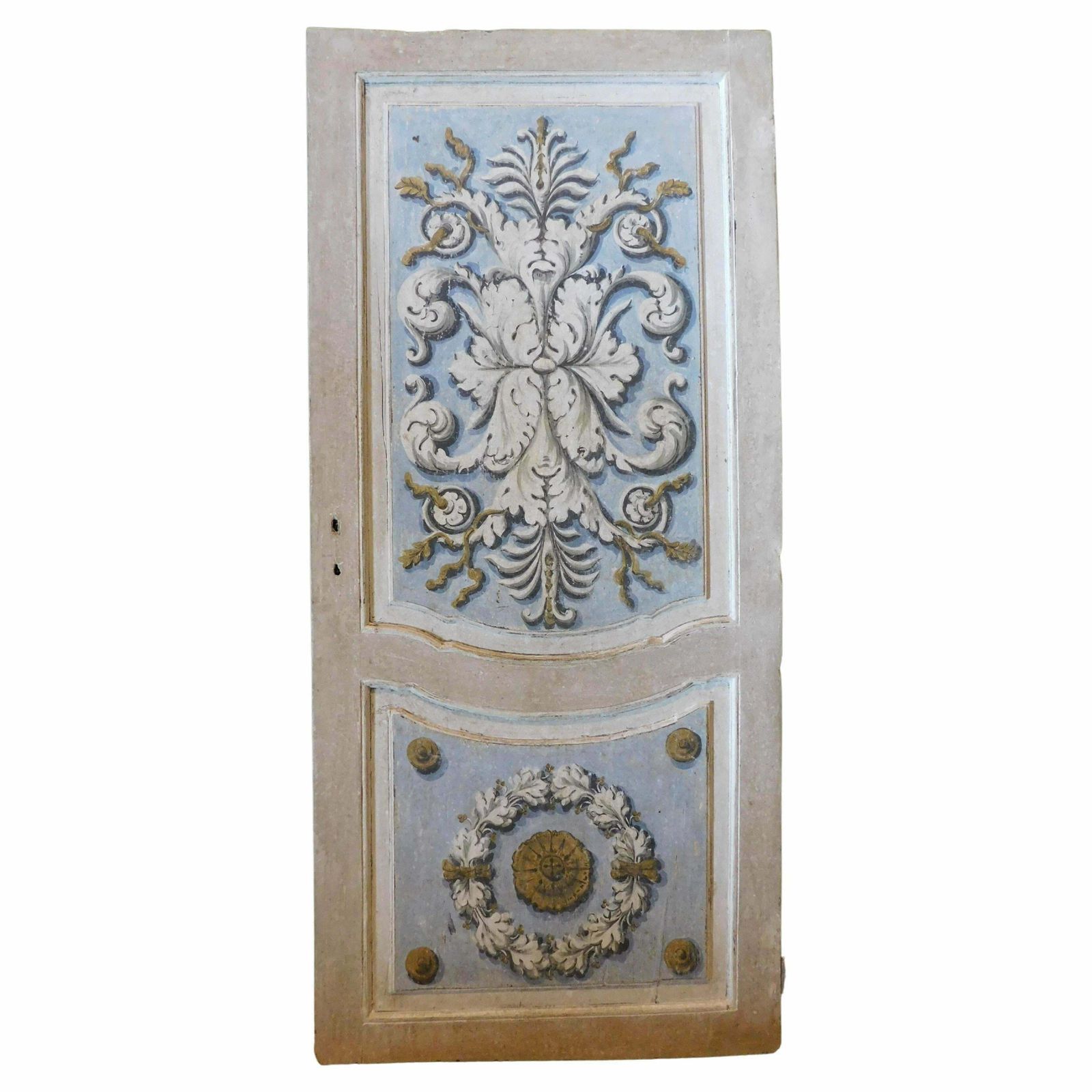 Lacquered And Painted Door With Baroque Motifs, Blue And Gray, Italy