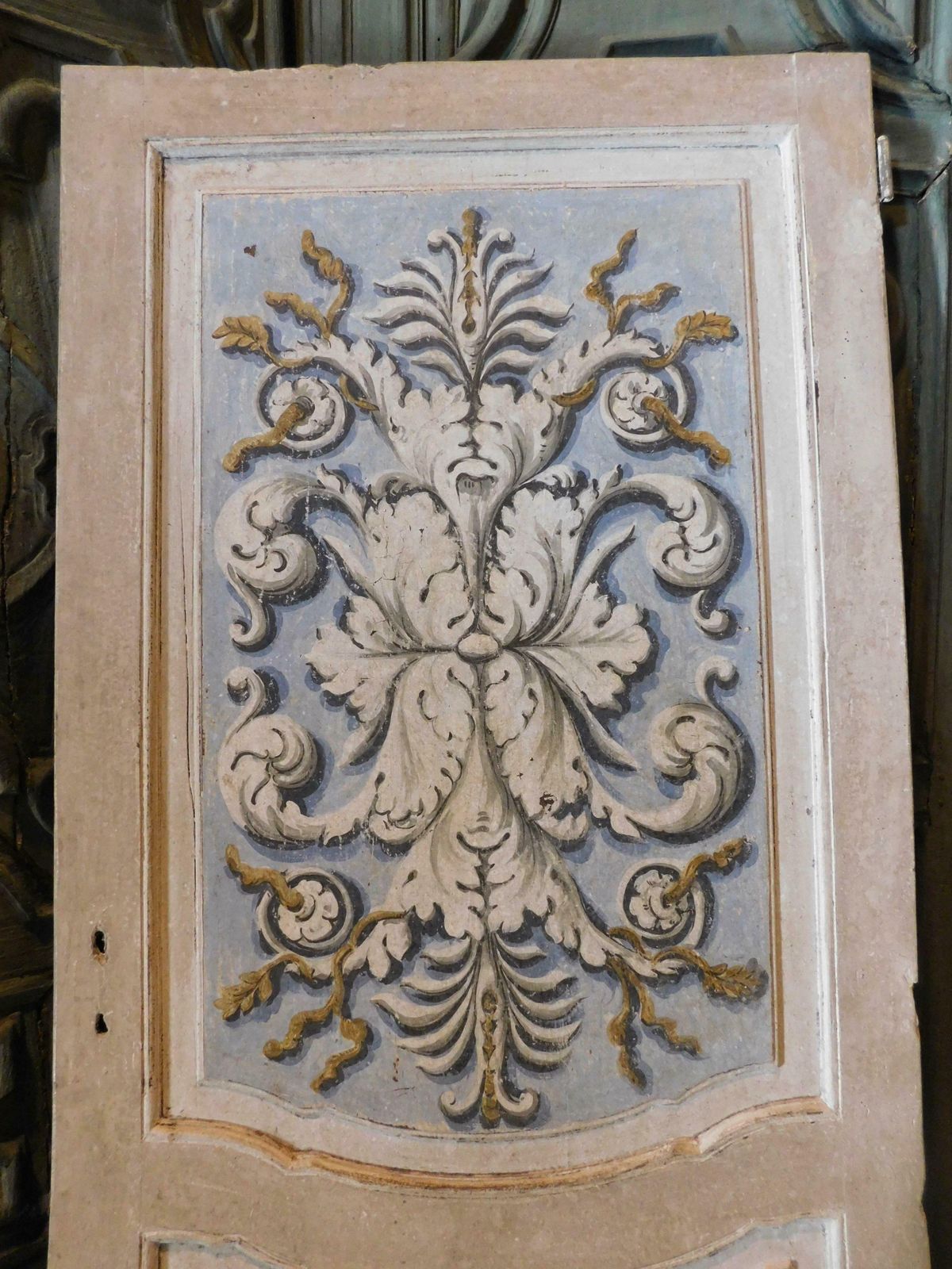 Lacquered And Painted Door With Baroque Motifs, Blue And Gray, Italy photo Home Fixtures