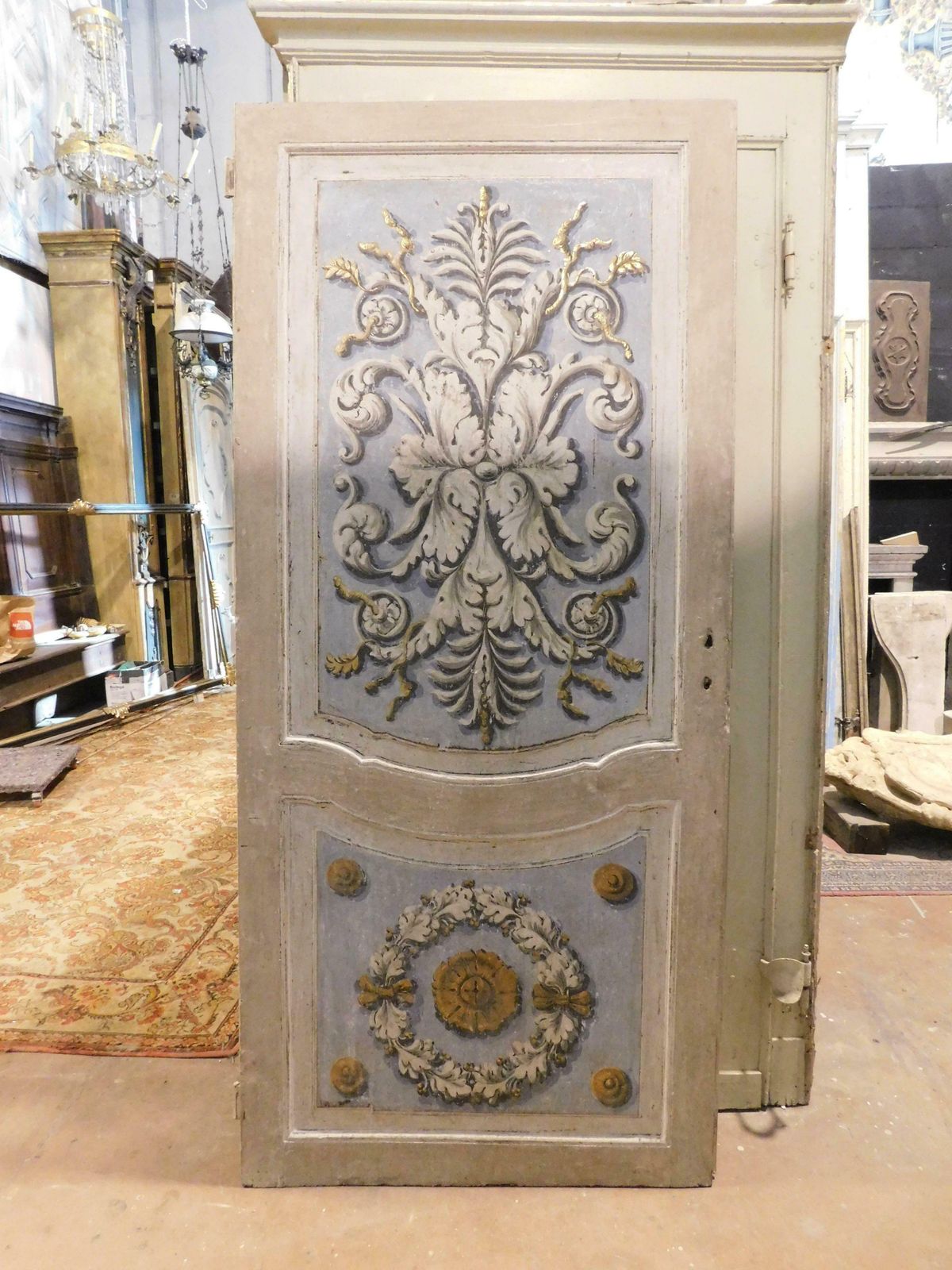 Lacquered And Painted Door With Baroque Motifs, Blue And Gray, Italy photo vintage
