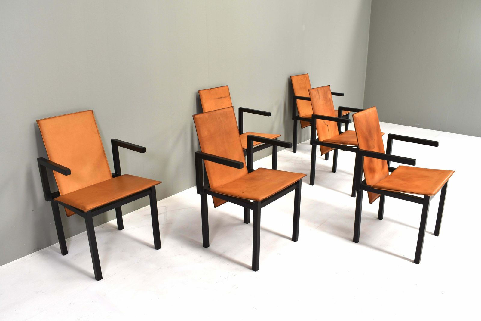 Unique One Of A Kind Set Of Six Dining Chairs In Tan Cognac Leather, Circa 1970 photo furniture