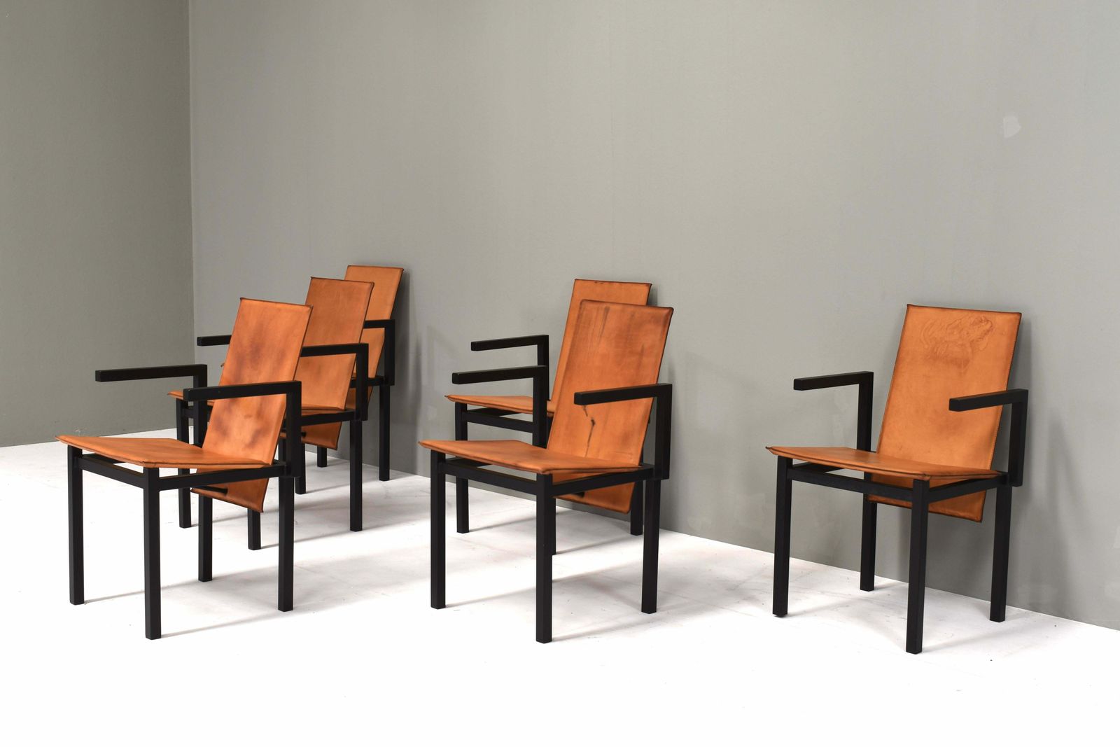 Unique One Of A Kind Set Of Six Dining Chairs In Tan Cognac Leather, Circa 1970 photo for sale