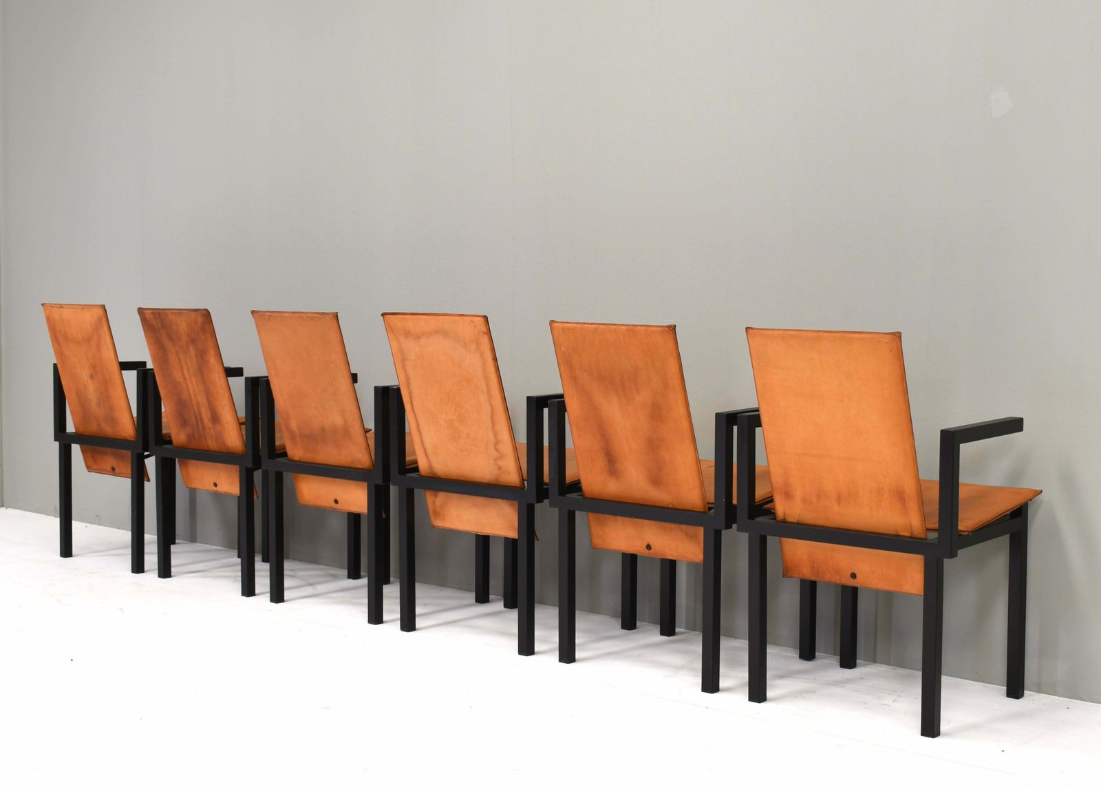 Unique One Of A Kind Set Of Six Dining Chairs In Tan Cognac Leather, Circa 1970 photo buy