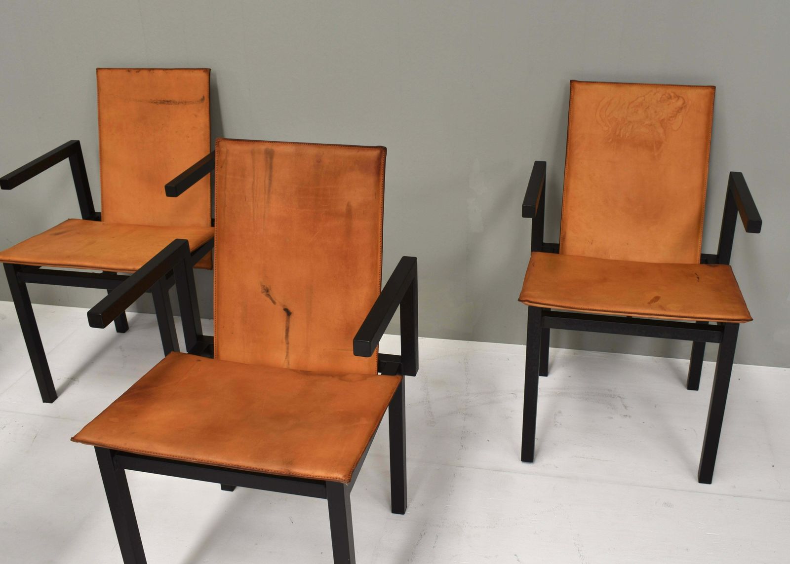 photo for sale Unique One Of A Kind Set Of Six Dining Chairs In Tan Cognac Leather, Circa 1970