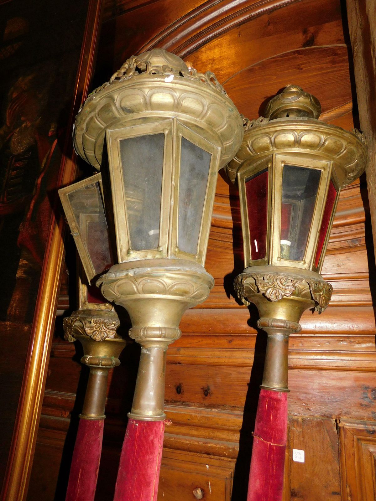 N.3 Brass Lanterns With Glasses And Wooden Sticks, Early 1900s Italy photo Home Decor