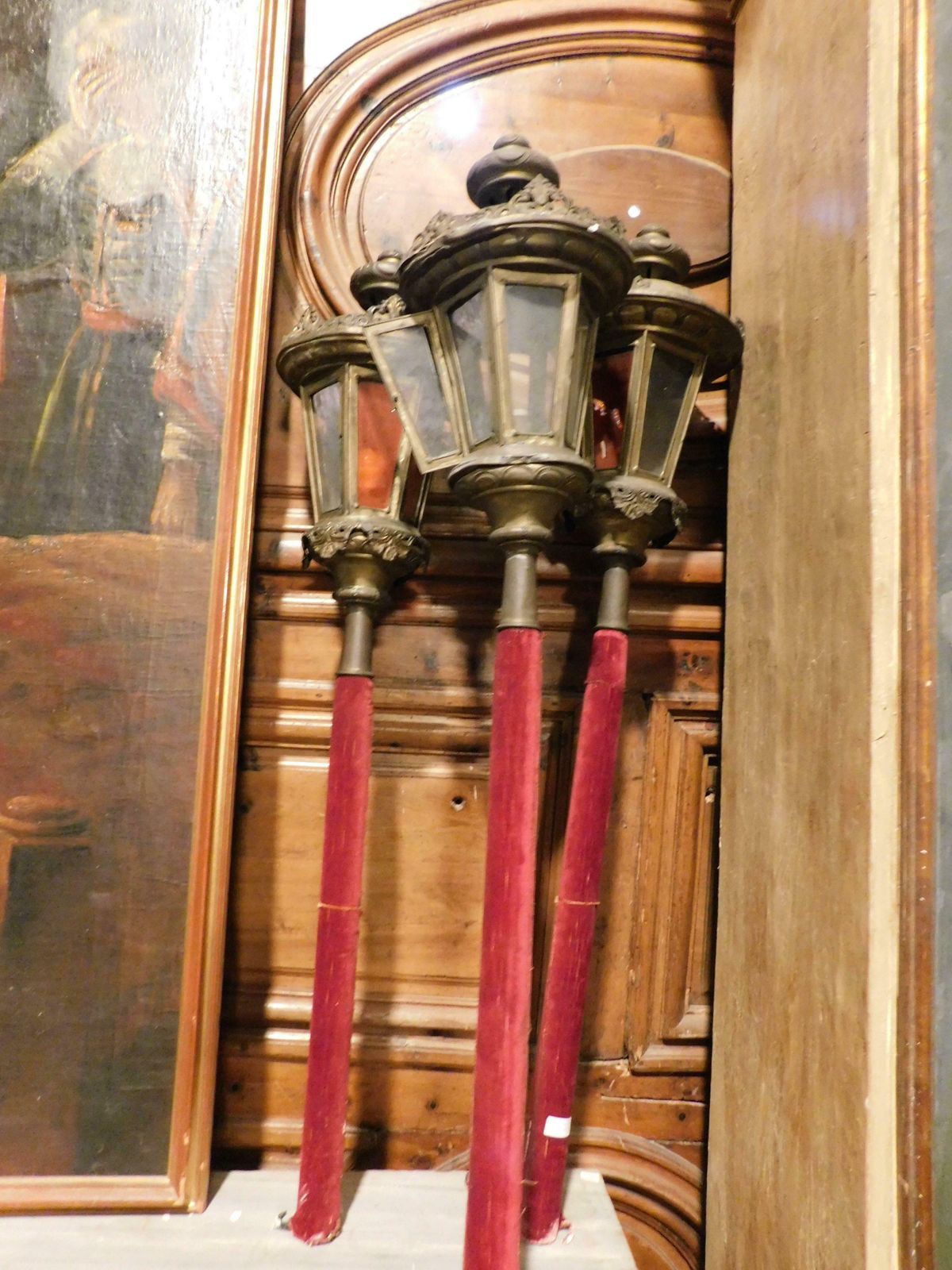 photo for sale N.3 Brass Lanterns With Glasses And Wooden Sticks, Early 1900s Italy