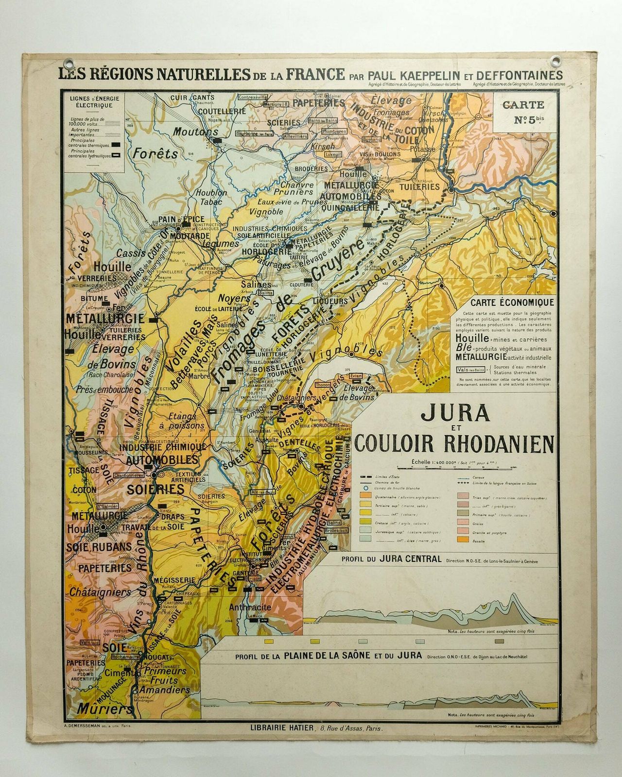 Original 1950s Large Vintage French Educational School Wall Chart Jura Double Sided Map Beautiful Rare Paul Kaeppelin Lyon Geneva Grenoble photo vinterior