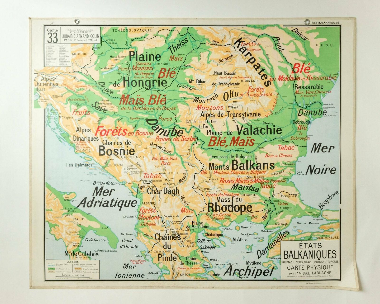 Original Mid Century Large Vintage French Educational School Wall Chart Balkan States Balkans Turkey Bulgaria Yugoslavia Vidal Lablache photo Art