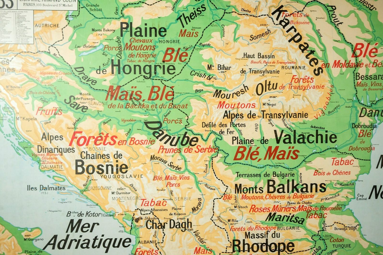 Original Mid Century Large Vintage French Educational School Wall Chart Balkan States Balkans Turkey Bulgaria Yugoslavia Vidal Lablache photo 278.0