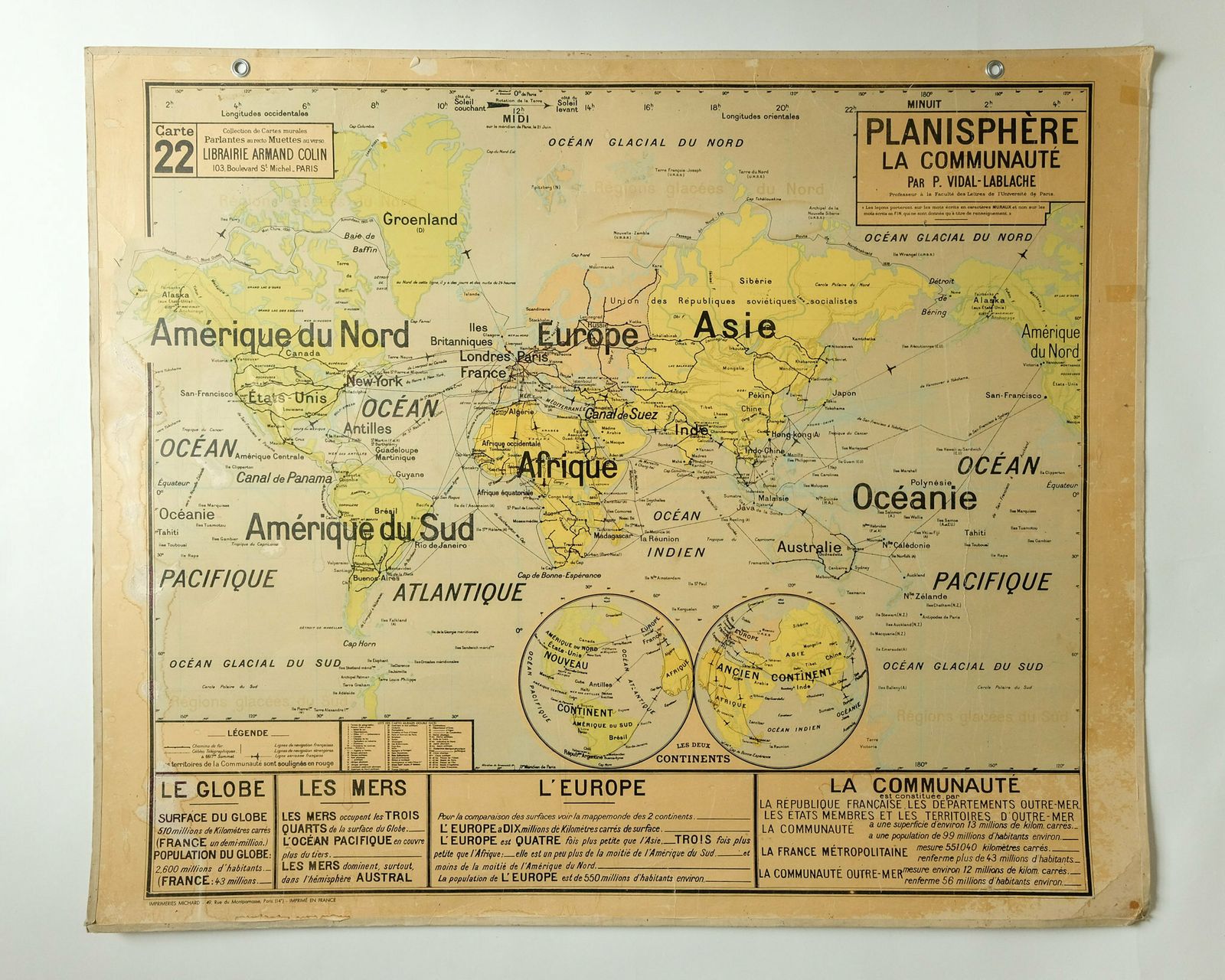 Original Large Vintage French Educational School Wall Chart World Map Planisphere Territories Quirky Beautiful Rare Vidal Lablache photo Art