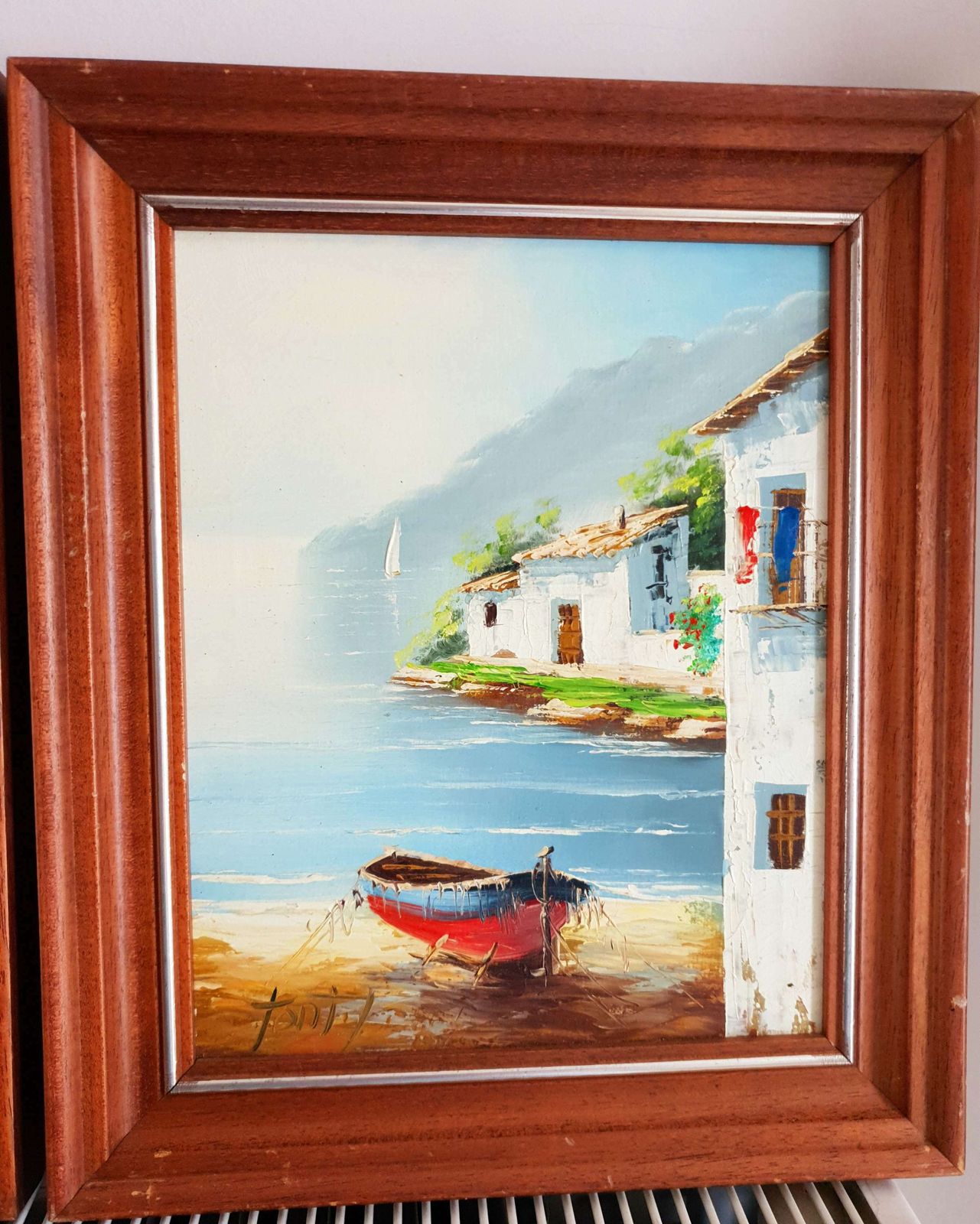 Pair Of Wood Framed Oil On Canvas Paintings Of Mediterranean Fishing Boat Scenes photo furniture