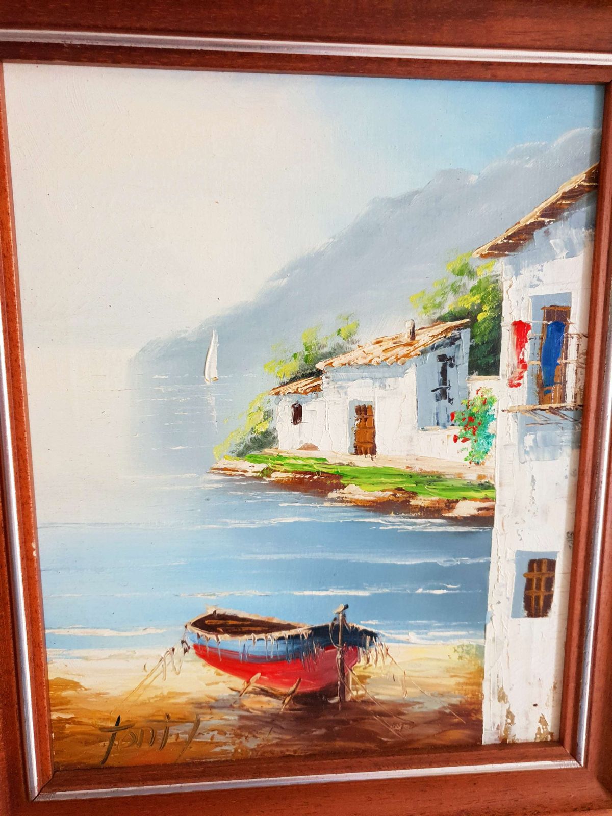 Pair Of Wood Framed Oil On Canvas Paintings Of Mediterranean Fishing Boat Scenes photo Art