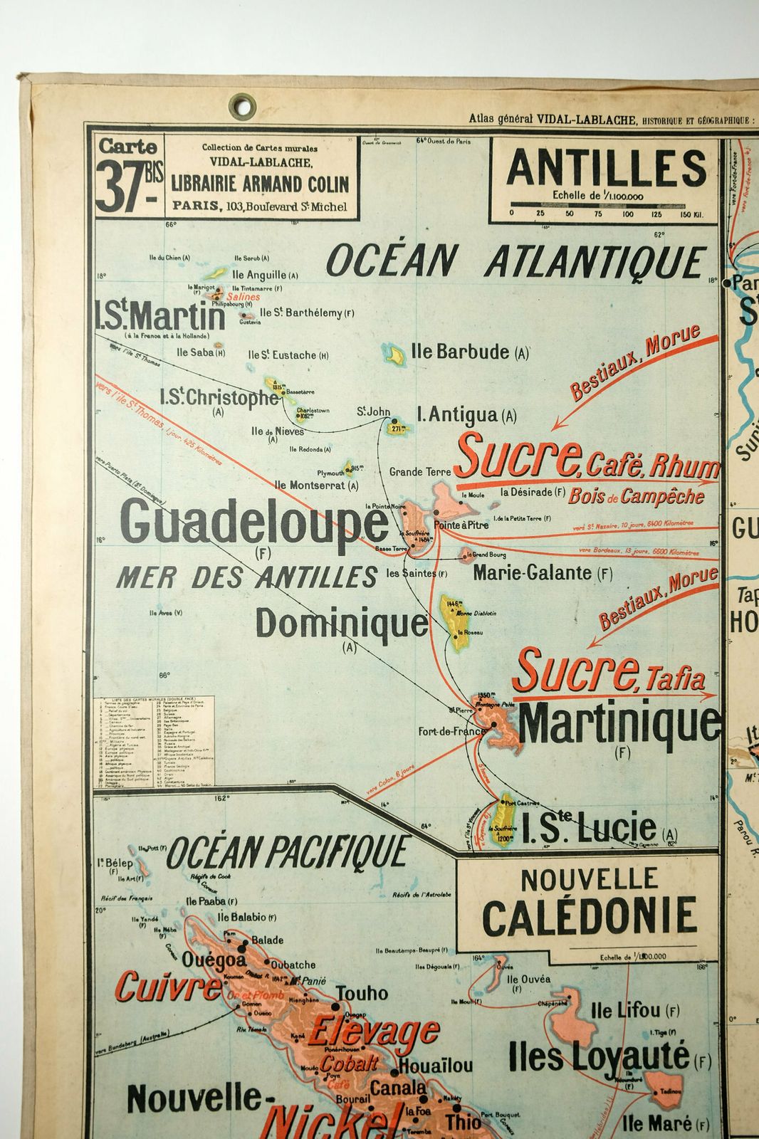 Original Large Vintage Mid Century Double Sided French School Wall West Africa Guyana New Caledonia Antilles Map Rare Vidal Lablache photo Art