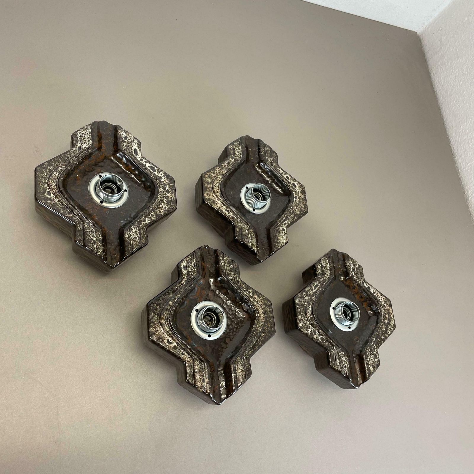 photo vintage Set Of Four Brown Beigeceramic Fat Lava Wall Lights By Pan Ceramics Germany 1970