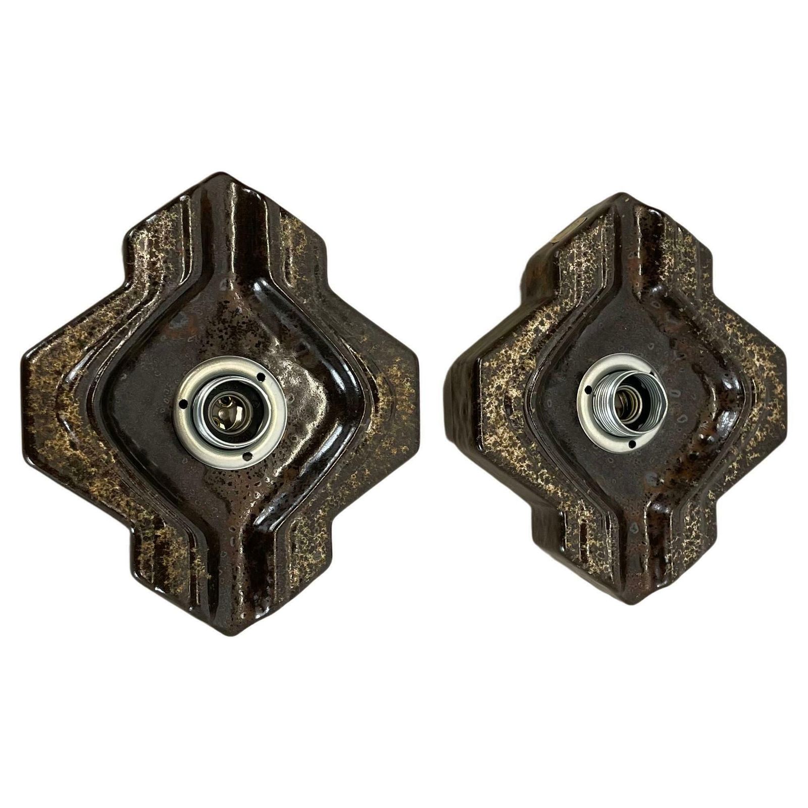 Set Of Two Brown Beige Ceramic Fat Lava Wall Lights By Pan Ceramics Germany 1970