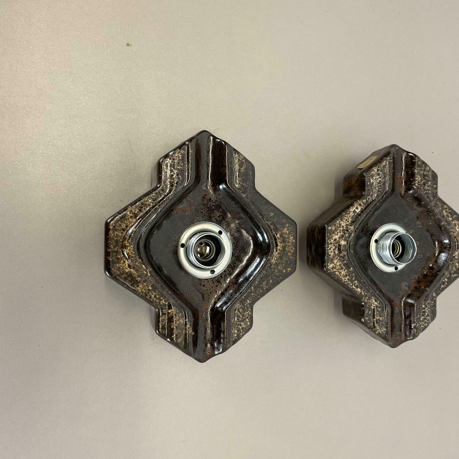 Set Of Two Brown Beige Ceramic Fat Lava Wall Lights By Pan Ceramics Germany 1970 photo for sale