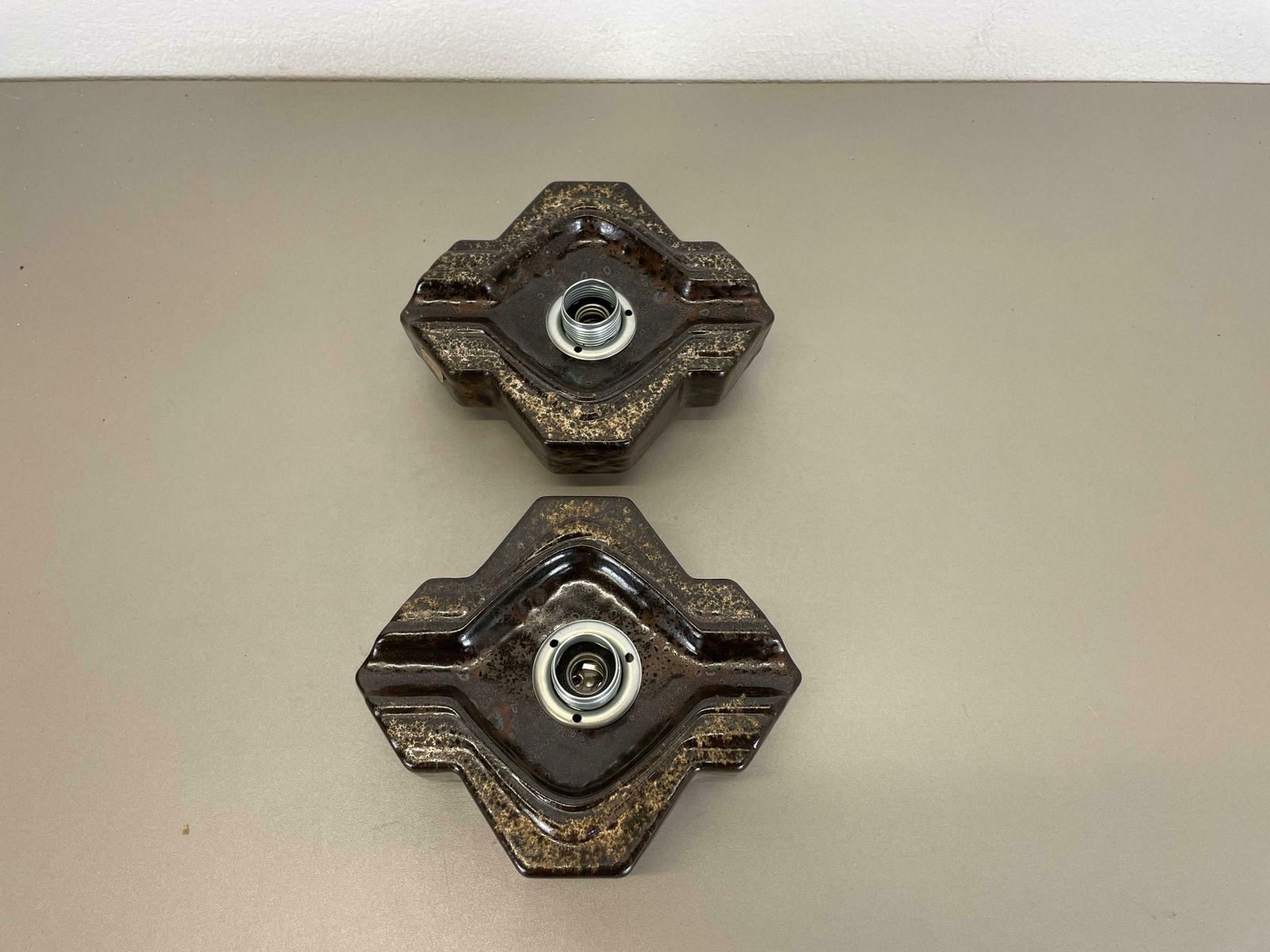 Set Of Two Brown Beige Ceramic Fat Lava Wall Lights By Pan Ceramics Germany 1970 photo Lighting