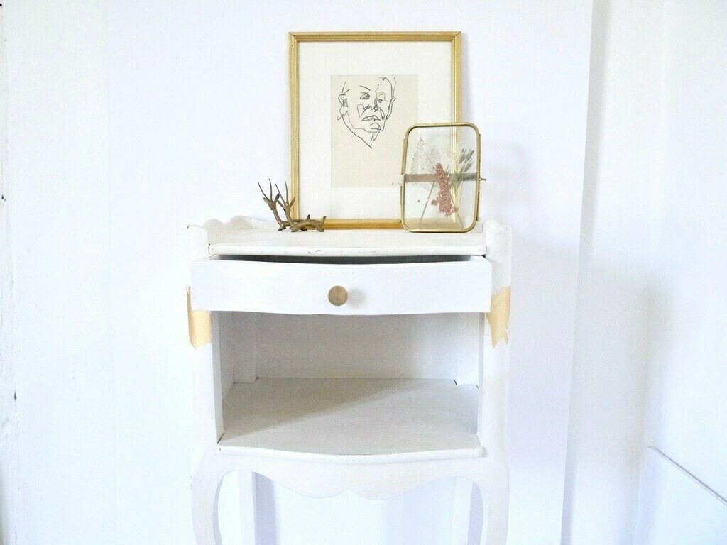 French Cottage Style White Nightstand, Shabby Chic Vintage Bedside Tables, Repainted With A White Chalk Paint And Gold Gilding photo furniture
