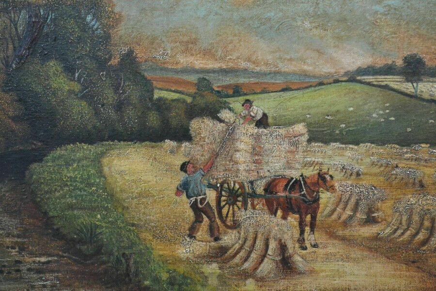 Folk Art Naive Painting Oil On Canvas Rural Stacking Hay photo for sale