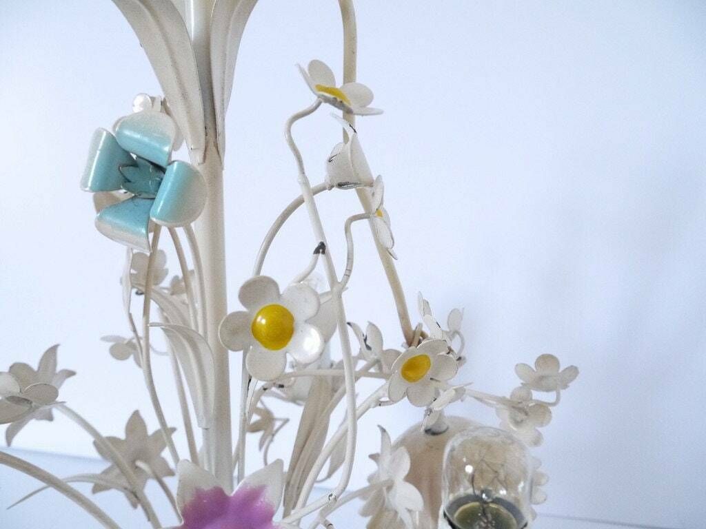 French Vintage Metal Tole Chandelier Yellow Voilet And Blue Green Multifloral  Light Fixture Pendant photo vintage