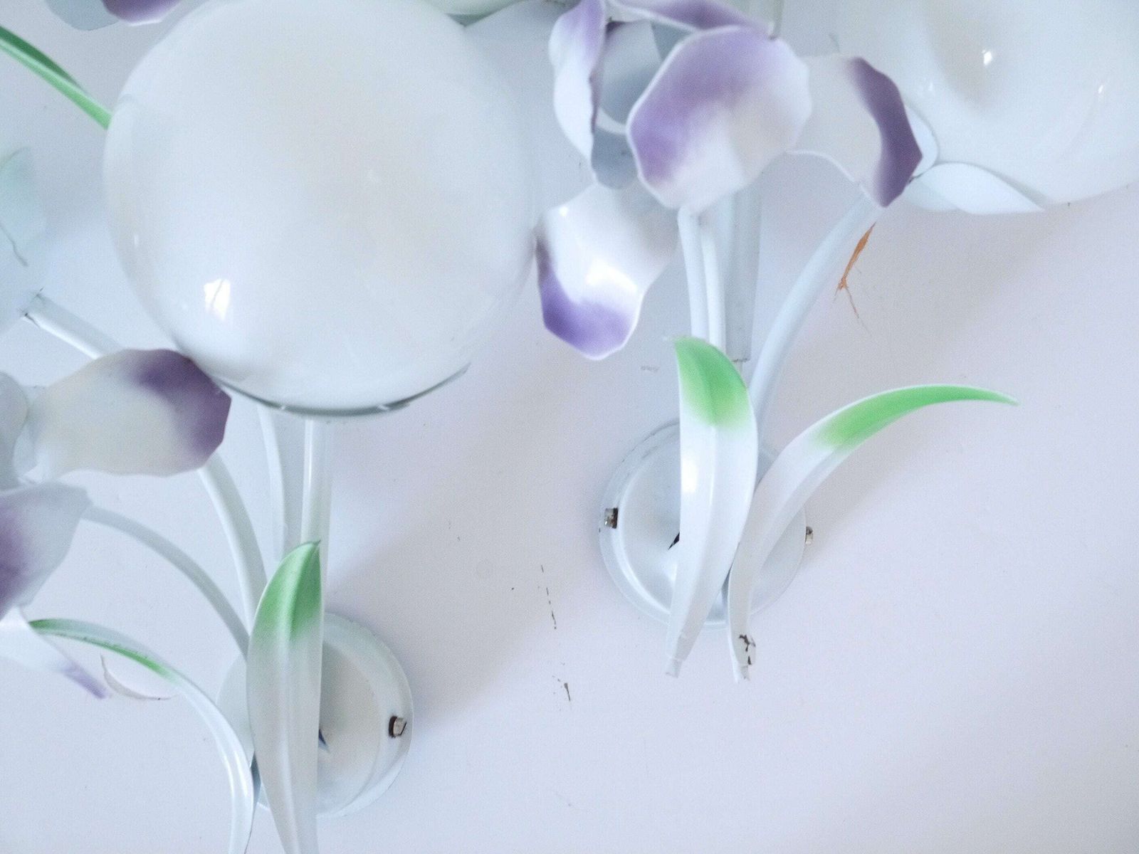 French Vintage Tole Floral Wall Sconces Iris Flowers Vintage Shabby Chic Cottage Whimsy Metal photo vinterior