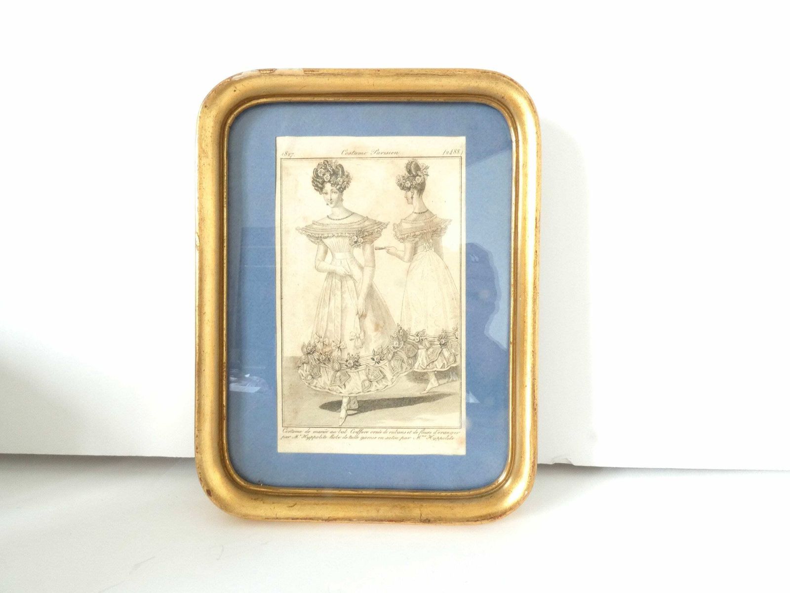 French Vintage Gilded Wood Framed Wedding Dress Advertising 1827 Catalog