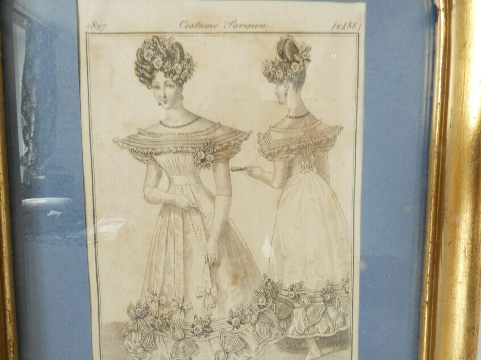French Vintage Gilded Wood Framed Wedding Dress Advertising 1827 Catalog photo for sale