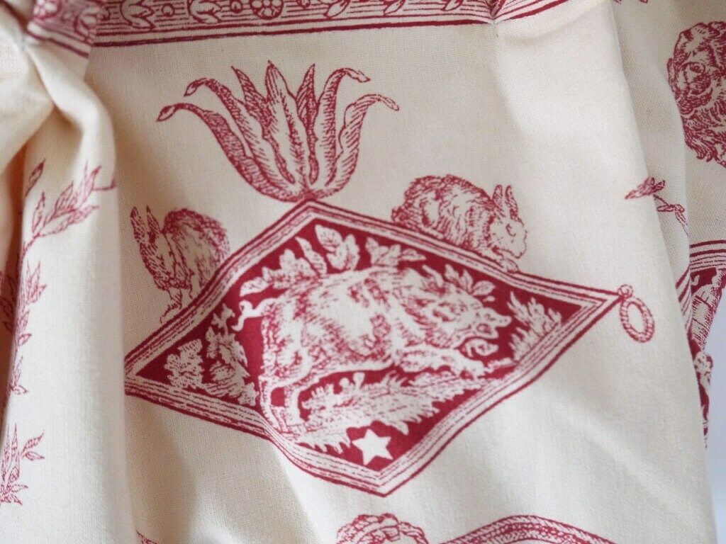 French Antique Drape Curtains Provencal French Toile De Jouy 30x95 Long Panels Window Pair (2) Red Farm Animals photo Textiles