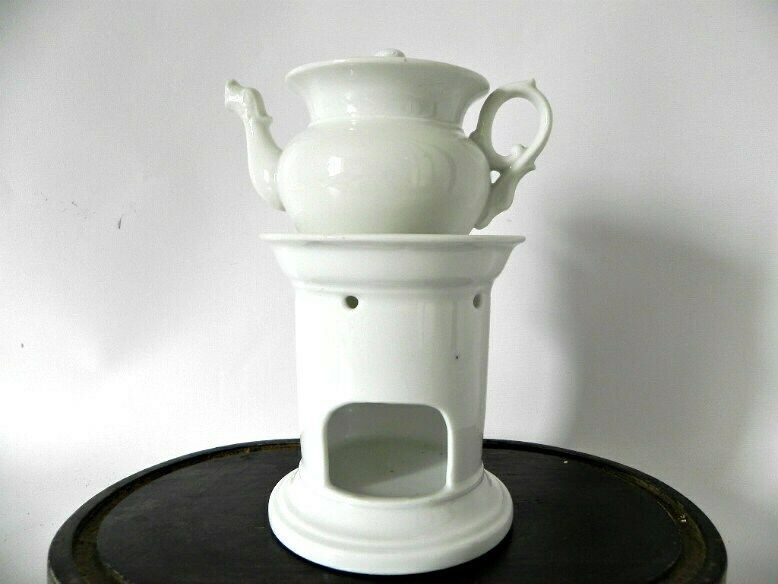 Tea Set For One, White Stoneware Tea Pot, Tea Cup, And Tea Pot And Warmer
