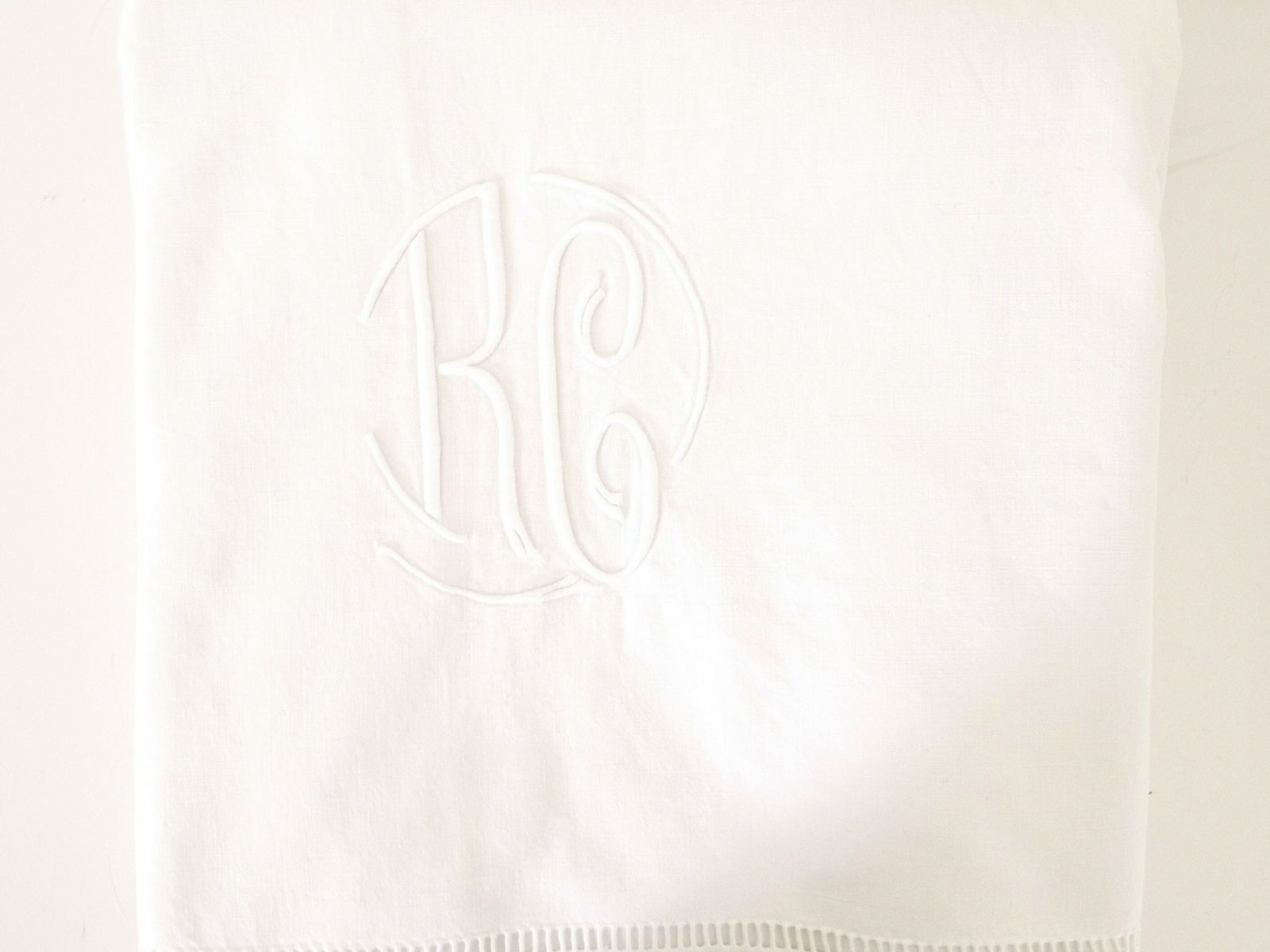 French Linen Sheet Antique Linen, Oval Monogrammed "Rc" Queen Size Excellent Condition