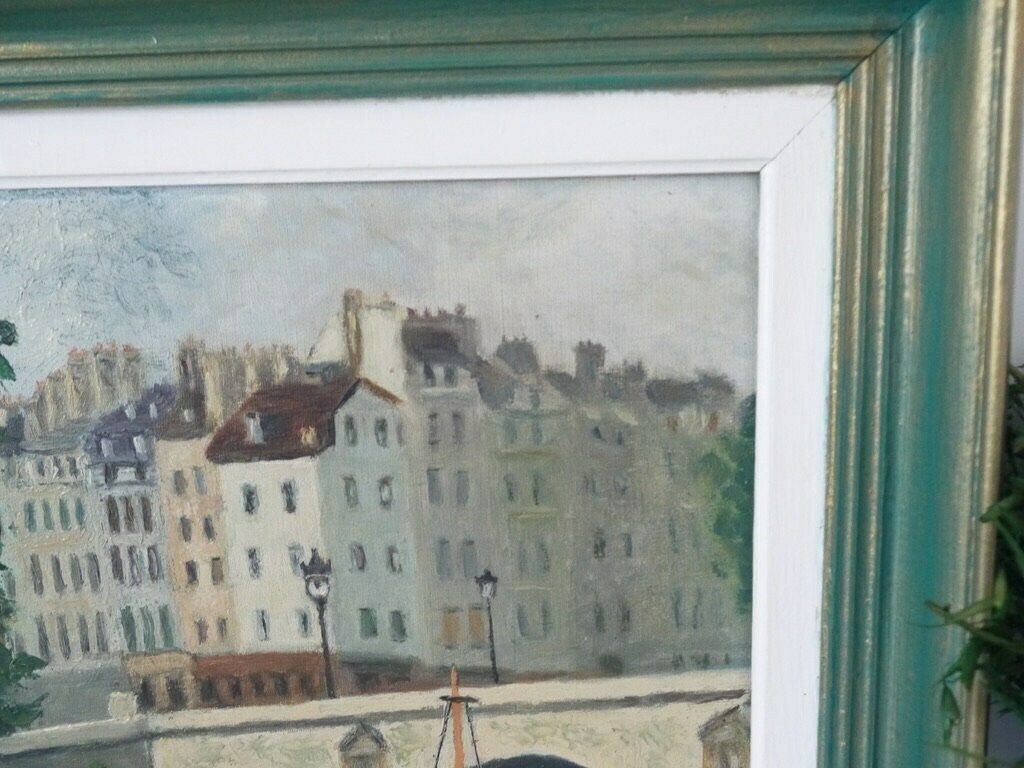French Vintage Oil Painting Of A Townhouses River Bridge Scene Rustic Primitive photo for sale