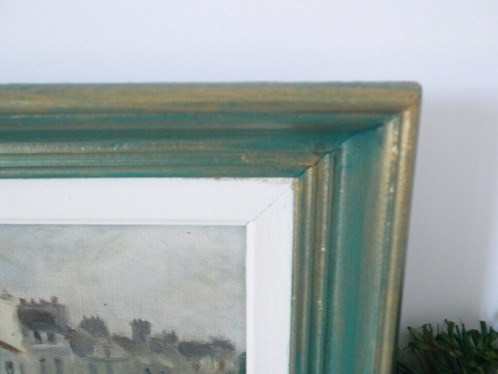 French Vintage Oil Painting Of A Townhouses River Bridge Scene Rustic Primitive photo buy