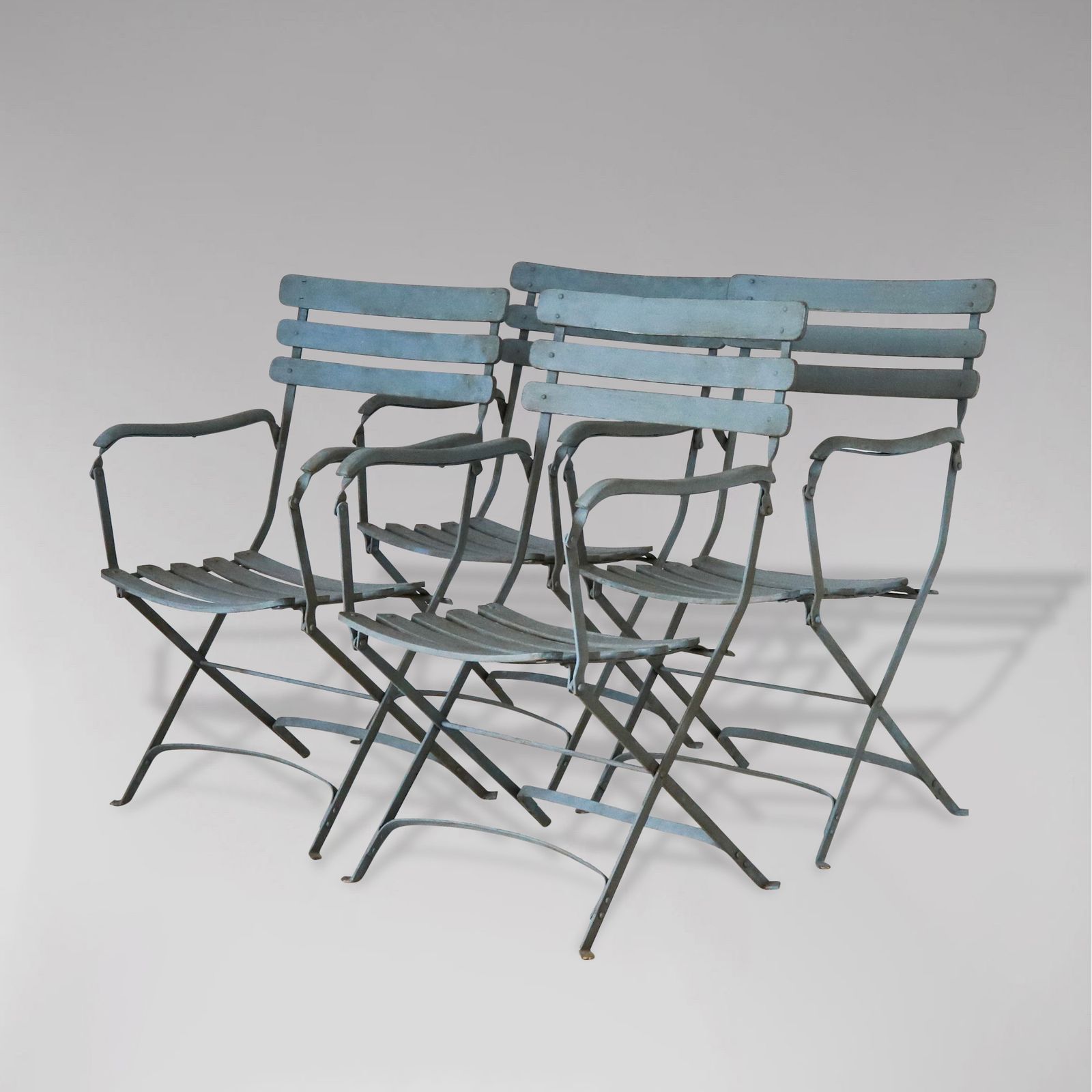 Set Of 4 Painted Iron & Wood Folding Garden Armchairs