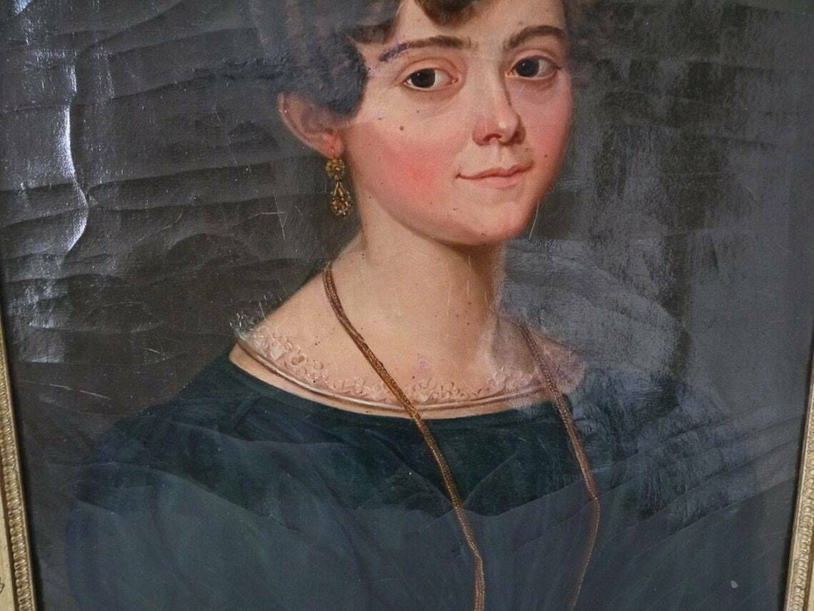 French Oil Portrait Painting 19c Women In Green Velvet Dress photo 2861.0