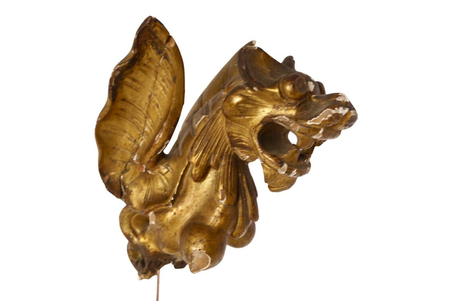 French Antique Wooden Architectural Salvage Sculpture Of A Winged Dragon