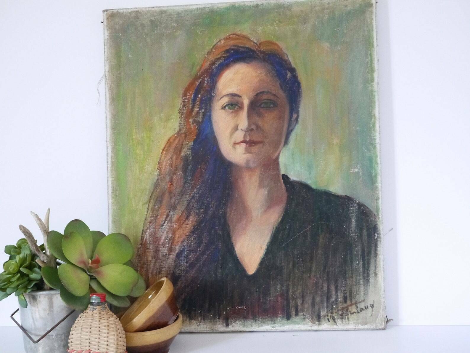 French Vintage Portrait Oil Panting Young Red Haired Women Unframed photo furniture