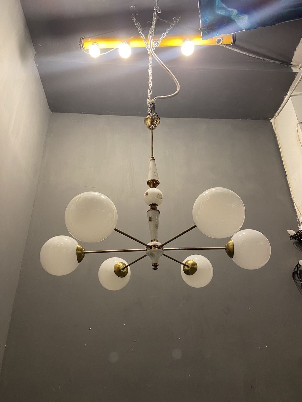 photo furniture 1960’s Sputnik Brass Opaline Glass Chandelier 6 Lights