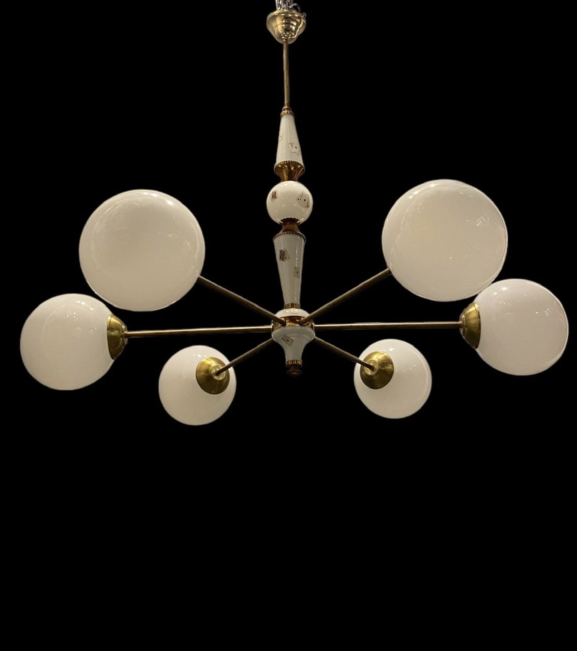 Lighting 1960’s Sputnik Brass Opaline Glass Chandelier 6 Lights photo