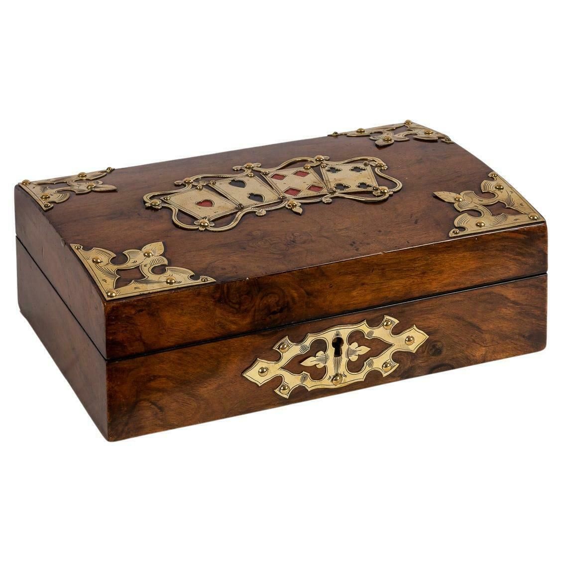 19th Century Victorian Walnut & Brass Card Games Box, C.1890